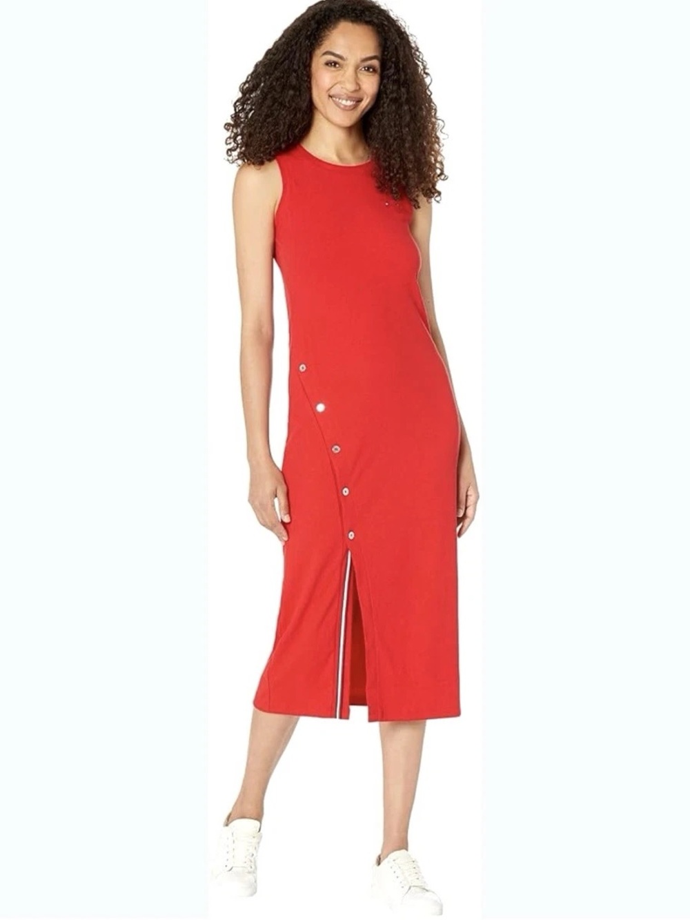 Tommy Hilfiger Cotton Shift Ribbed Slit Tank Midi Dress